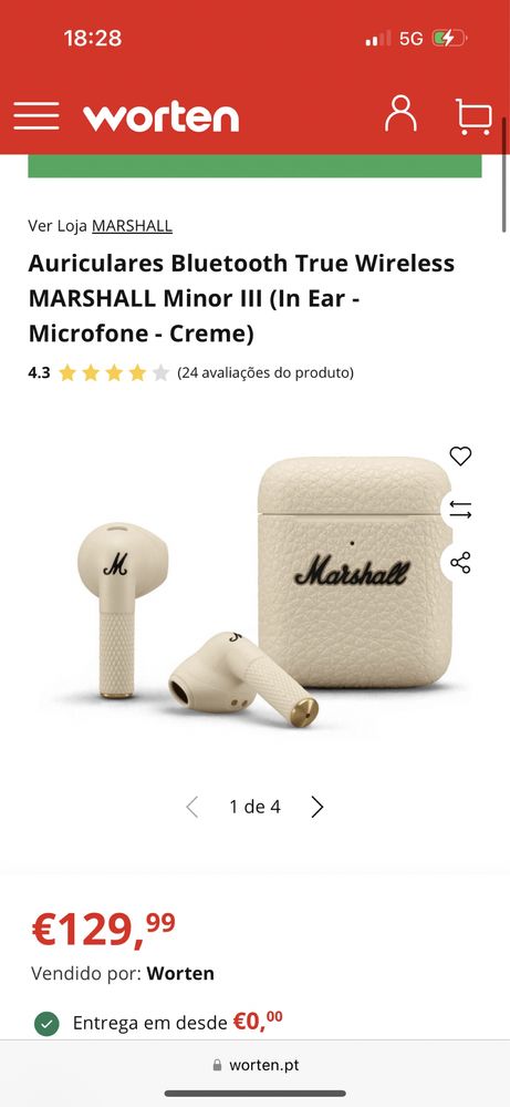 Novo Auriculares Bluetooth True Wireless MARSHALL Minor III Cream