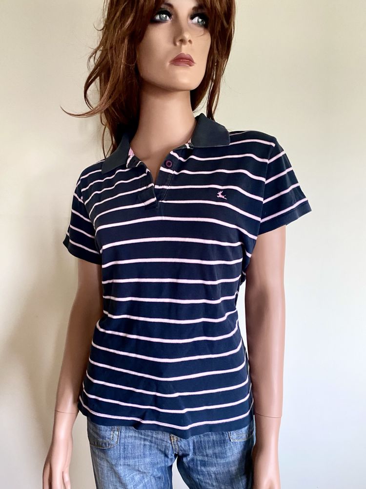 Polo tshirt granatowy w różowo-biały pasy r.16