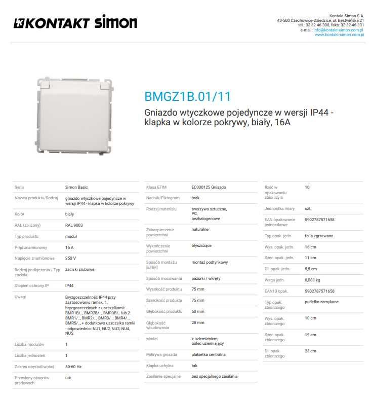 Simon Basic BMGZ1B.01/11 Gniazdo wtyczkowe pojedyncze IP44 - klapka