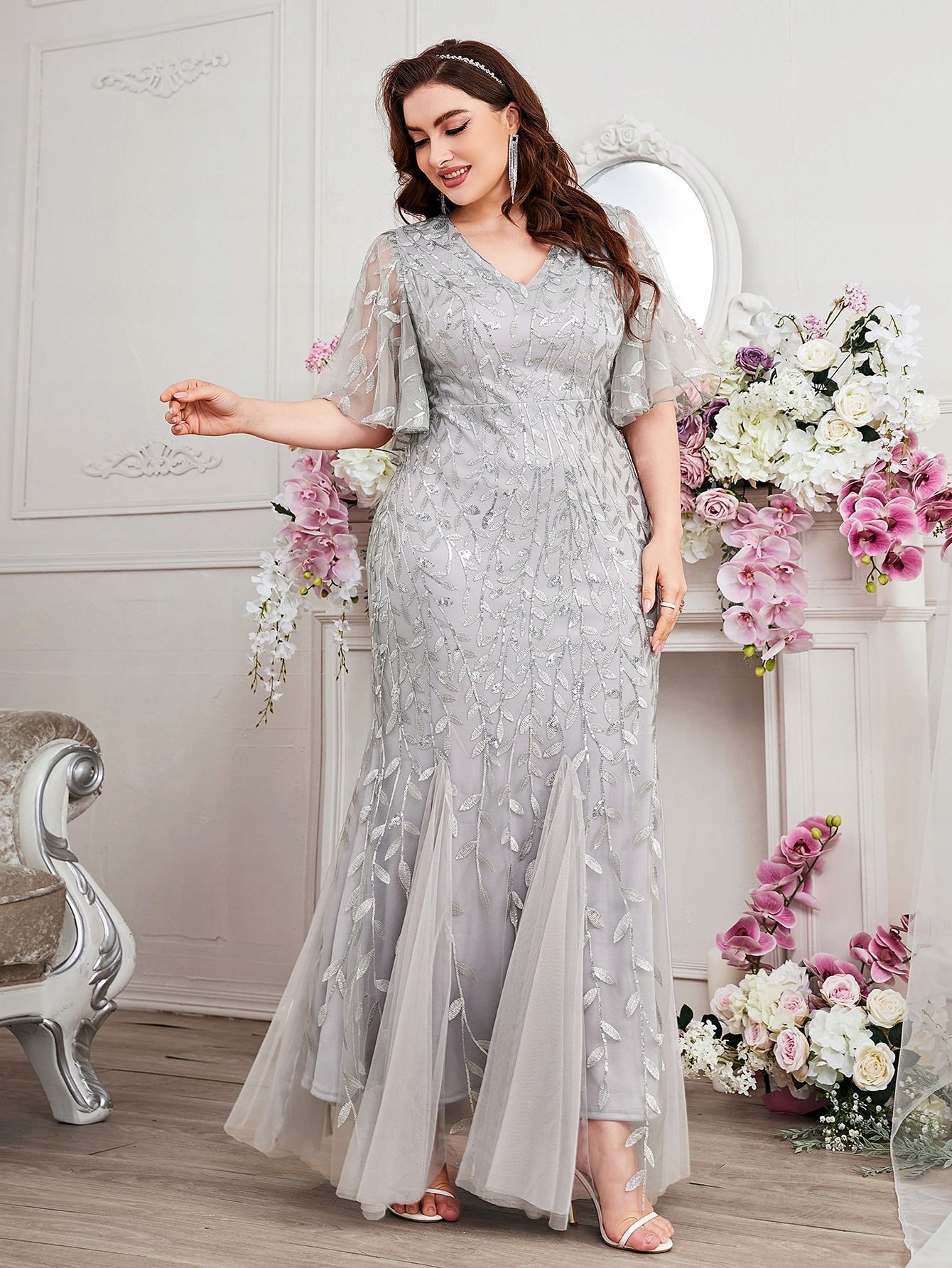 Sukienka Cekinowa Syrena W Roślinny Wzór Maxi Szara Shein 2Xl
