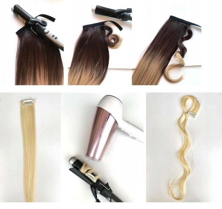 Doczepiane WŁOSY Zestaw CLIP-IN Naturalne Loki OMBRE Ciemny brąz/Blond