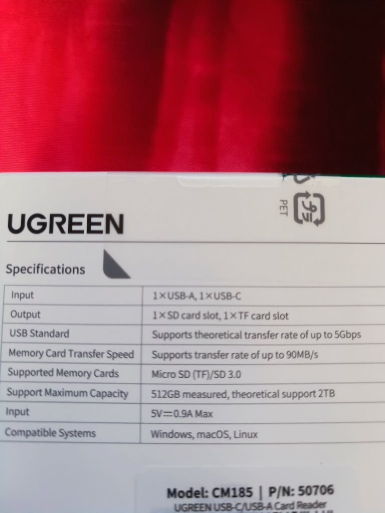 Кардридер UGREEN CM185 Type C - USB 3.0