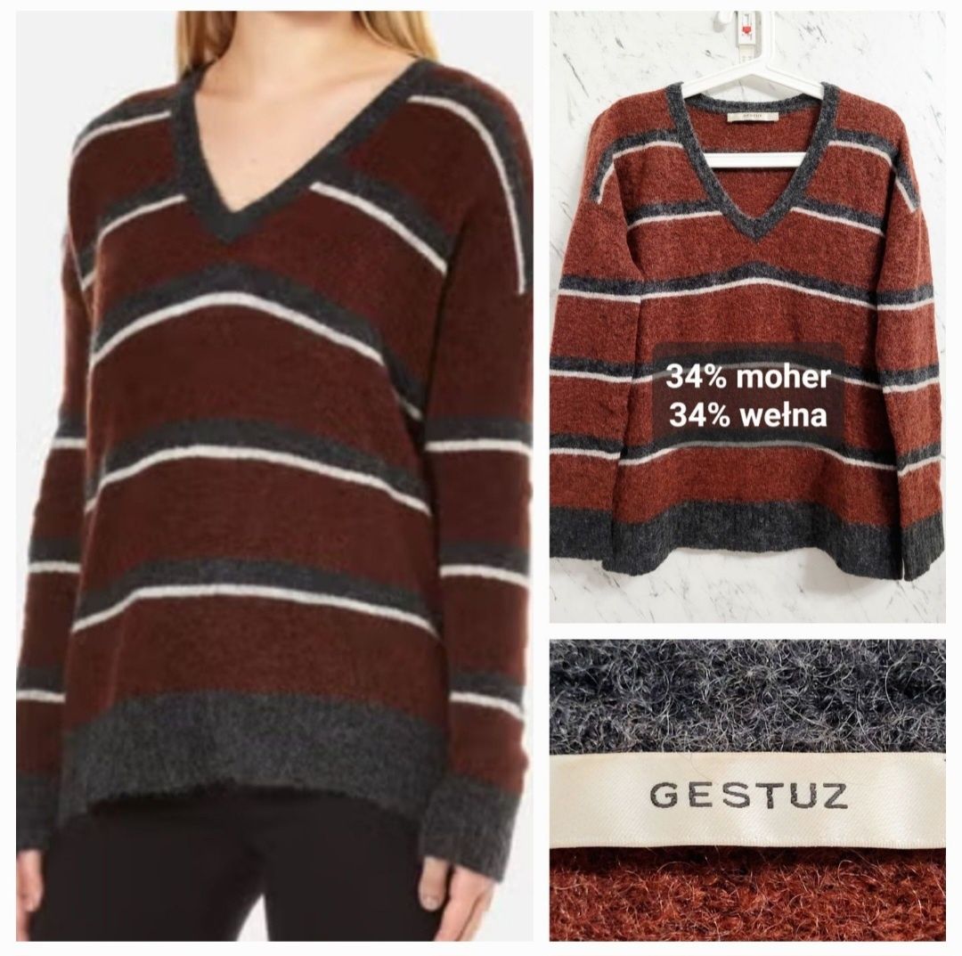 Ciepły wełniany sweter w paski scandi premium moher wełna styl preppy