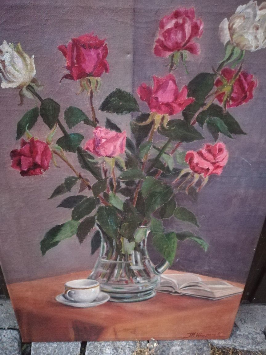 Obraz olej na płótnie kwiaty róże JM. Wieczorek 45x66 cm