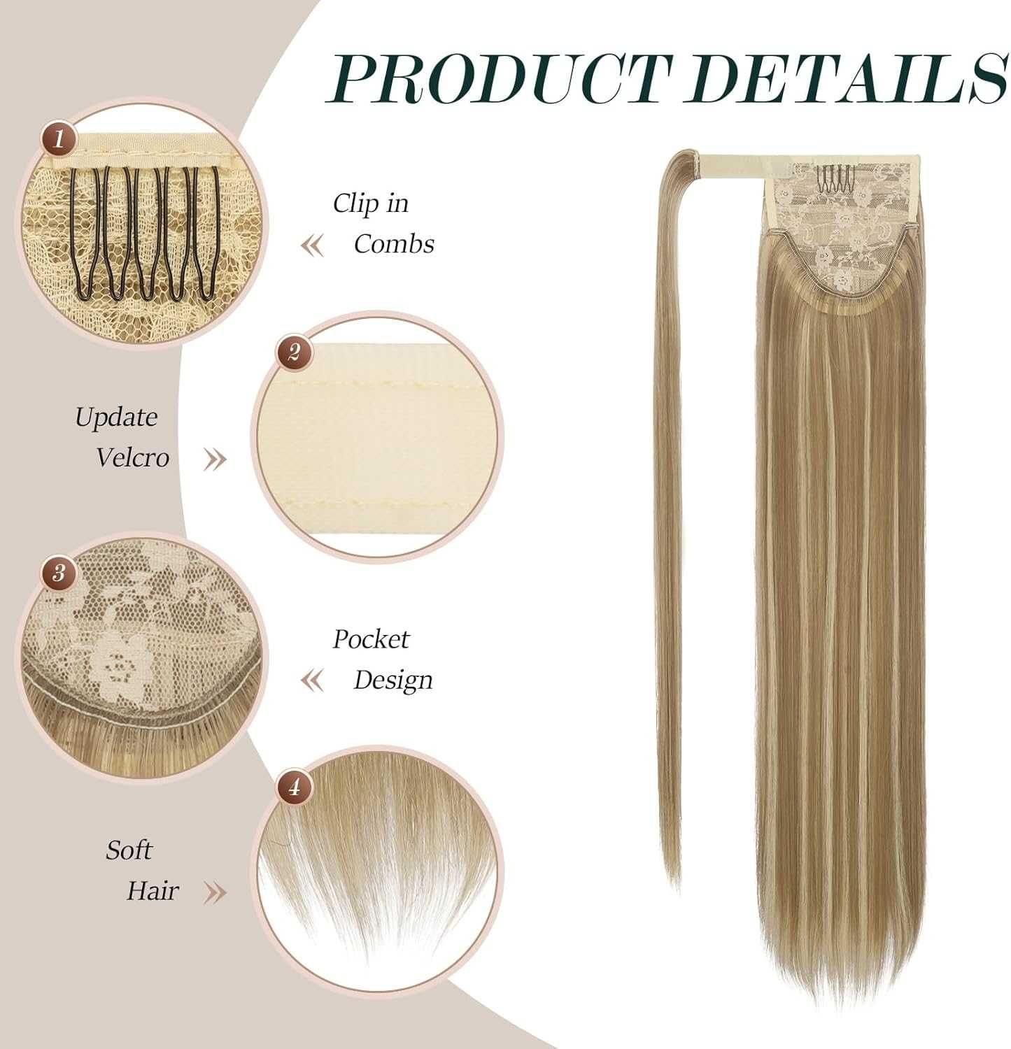 FESHFEN Syntetyczne doczepiane włosy kucyk treska blond 65cm