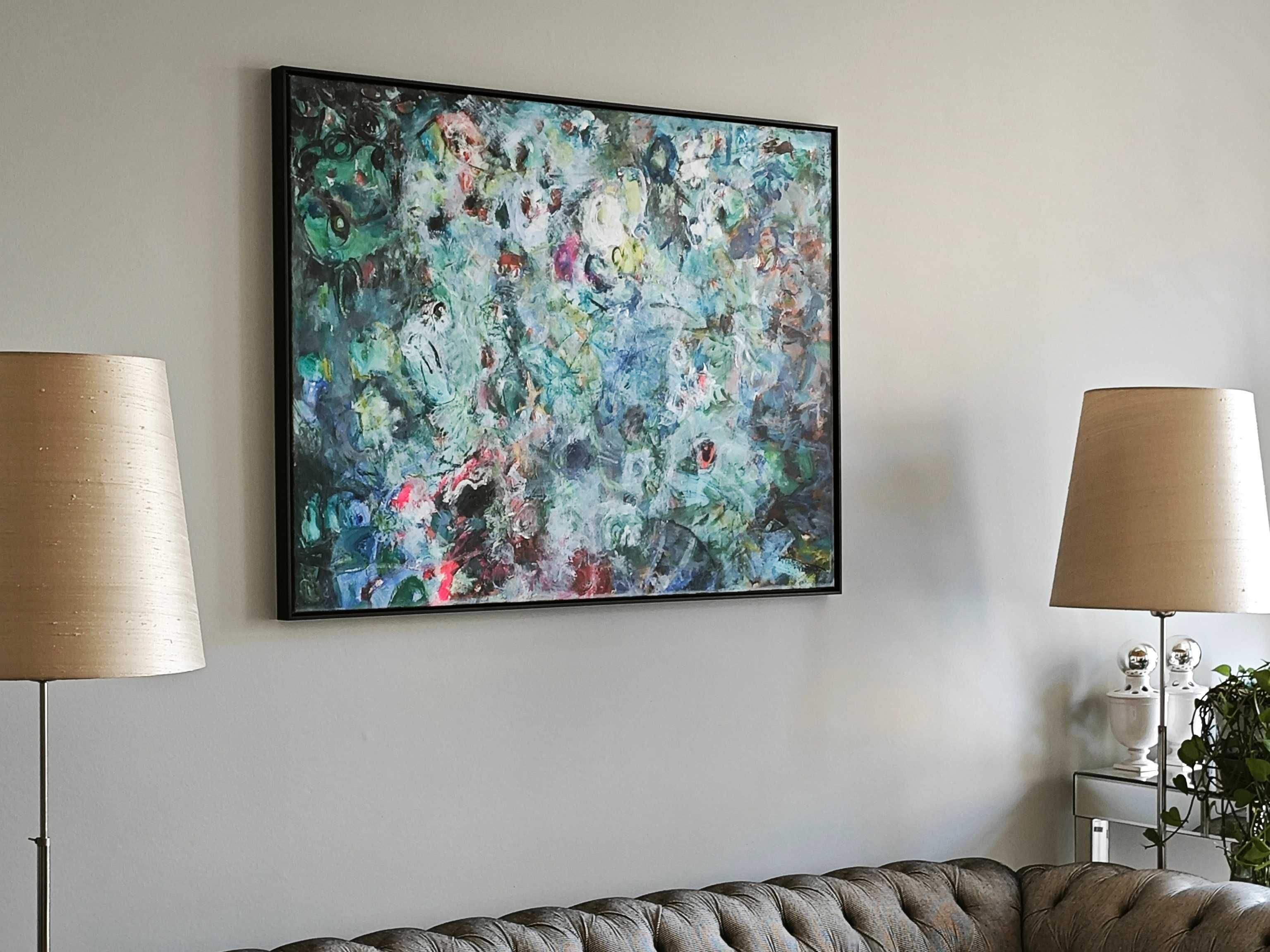 Quadro abstrato pintura contemporânea, assinada, moldura em L preta