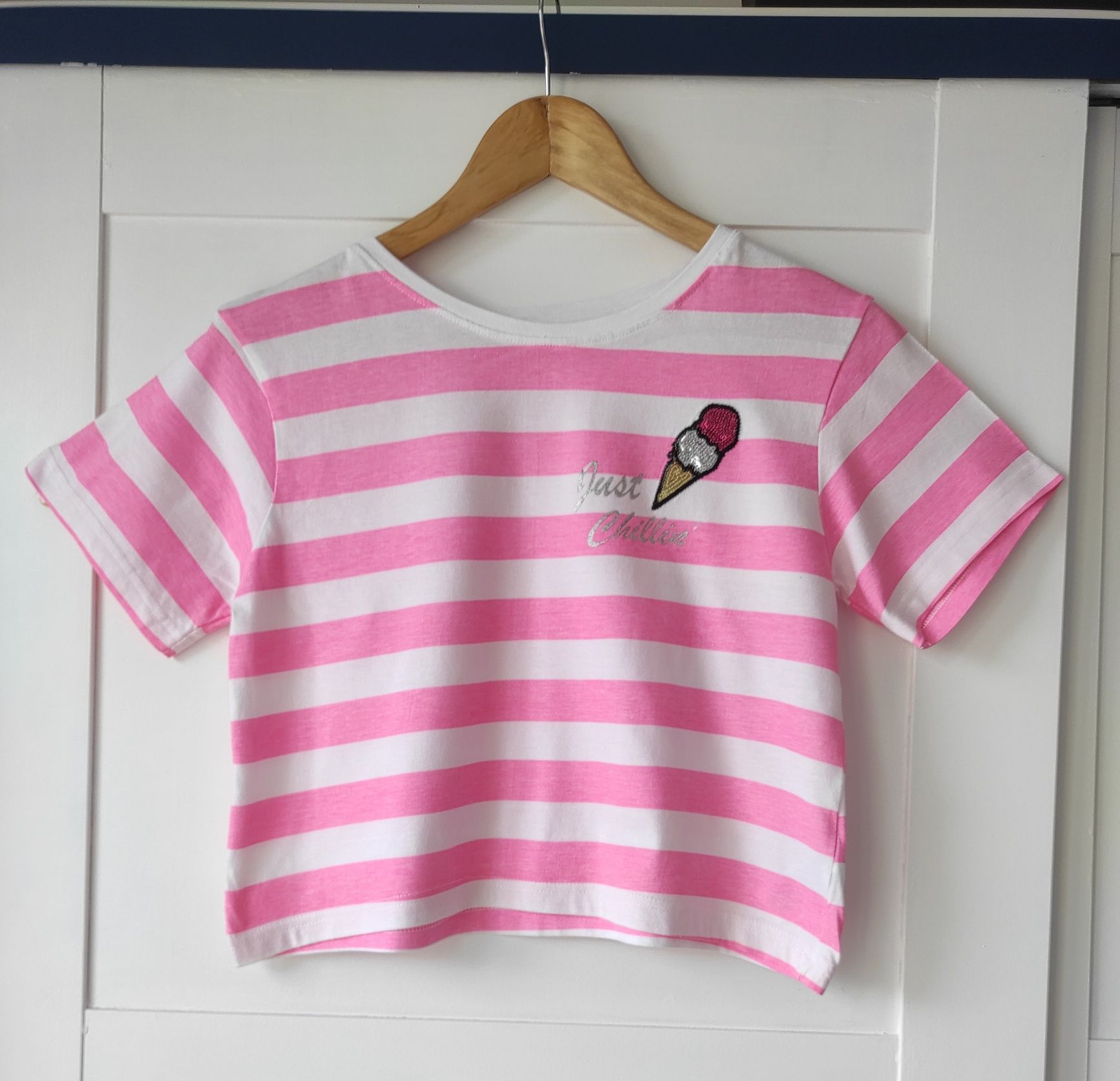 T-shirt bluzeczka biało różowa paski, cekiny Primark rozmiar 164