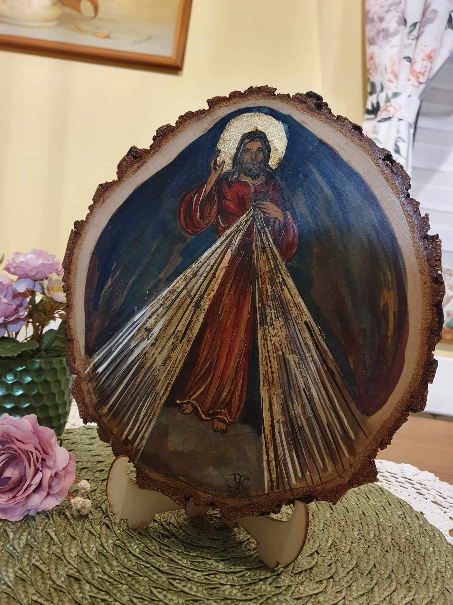 Obraz ręcznie malowany na drewnie Jezus Miłosierny