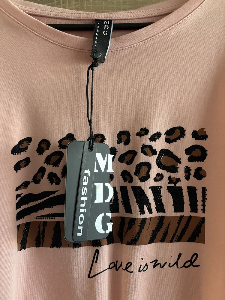 Bluzka damska MDG Fashion, S, oversize, różowa, panterka, rękaw 3/4