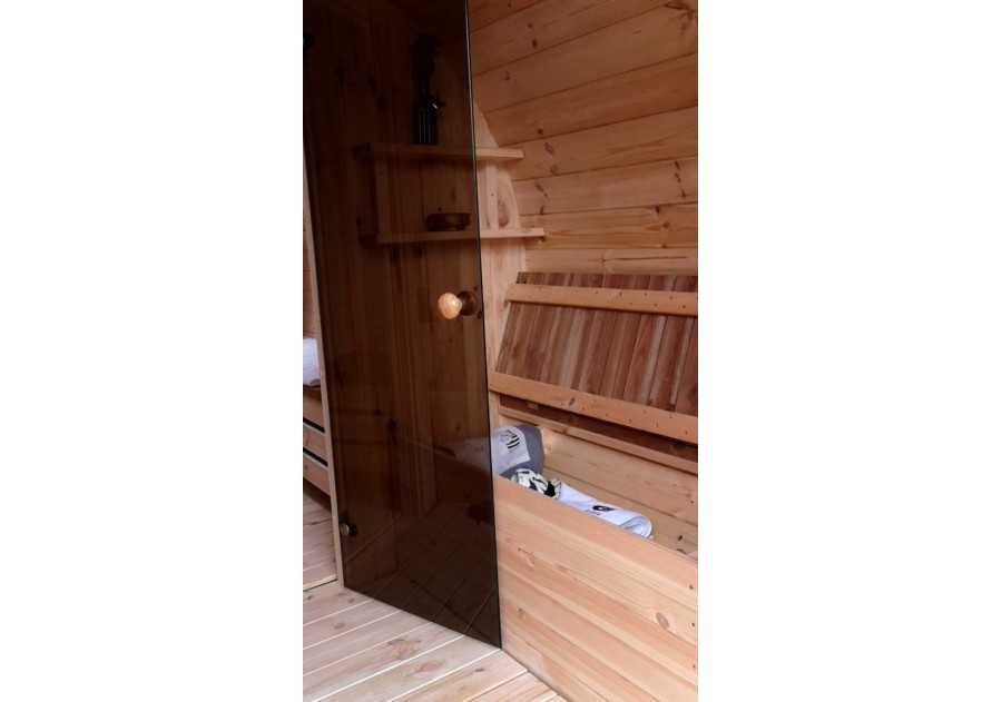 Sauna ogrodowa drewniana OKRĄGŁA 3,5x2,3m beczka, ruska bania, fińska