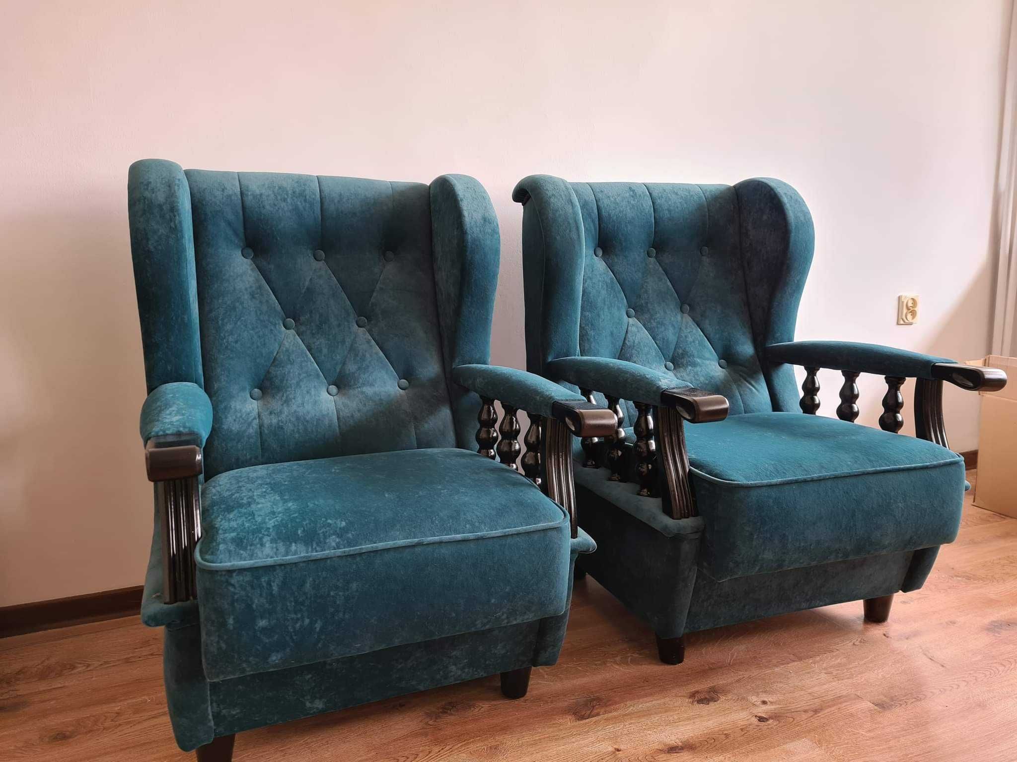 Sofa + Fotele welurowe butelkowa zieleń lata 80.