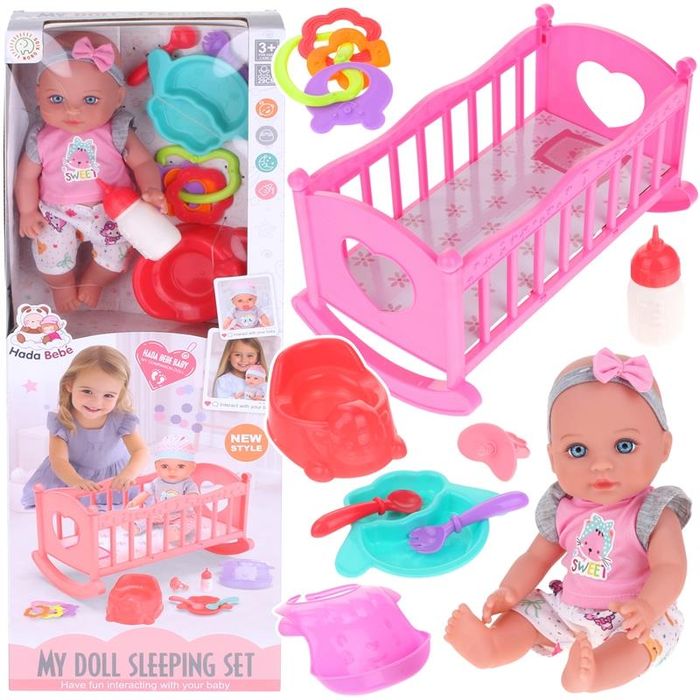 Łóżeczko Kołyska dla Lalek + Interaktywna Lalka Bobas Mówi Mama Tata