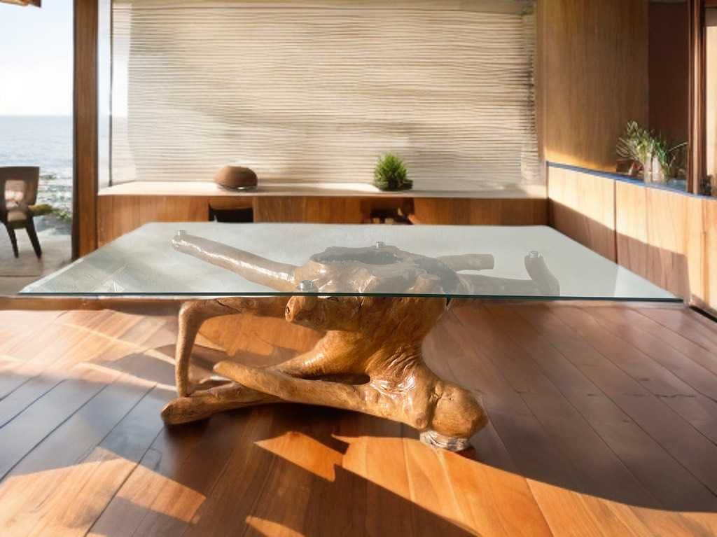 Mesa em Madeira Maciça de Eucalipto e Vidro
