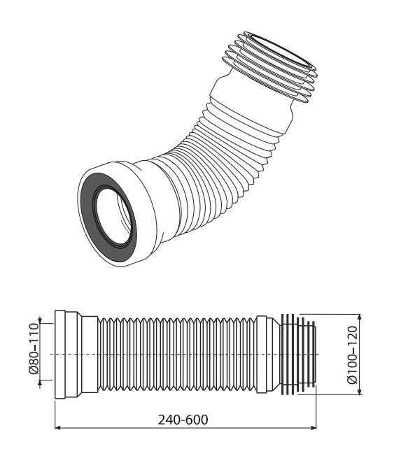 Гибкая труба для выпуска унитаза Alca Plast A97 растяжная 240-600 мм