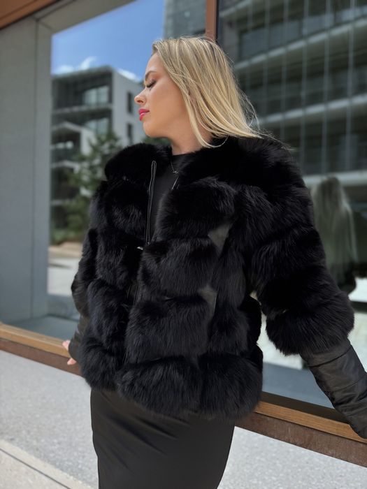 Futro naturalne / kurtka damska czarny lis 3 w 1 krótka nowa zimowa s