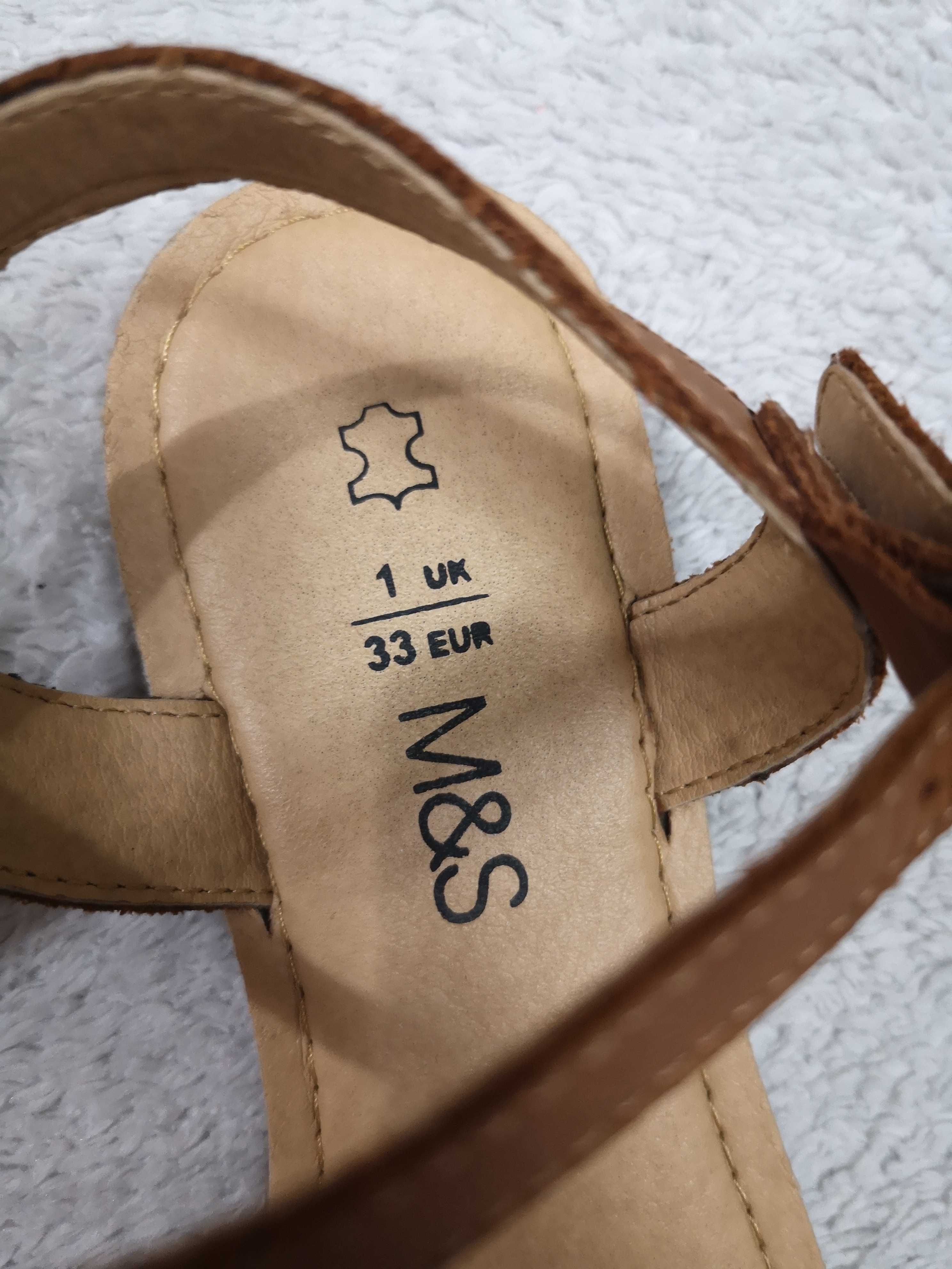 Brązowe złote eleganckie buty sandały skórzane M&S 33