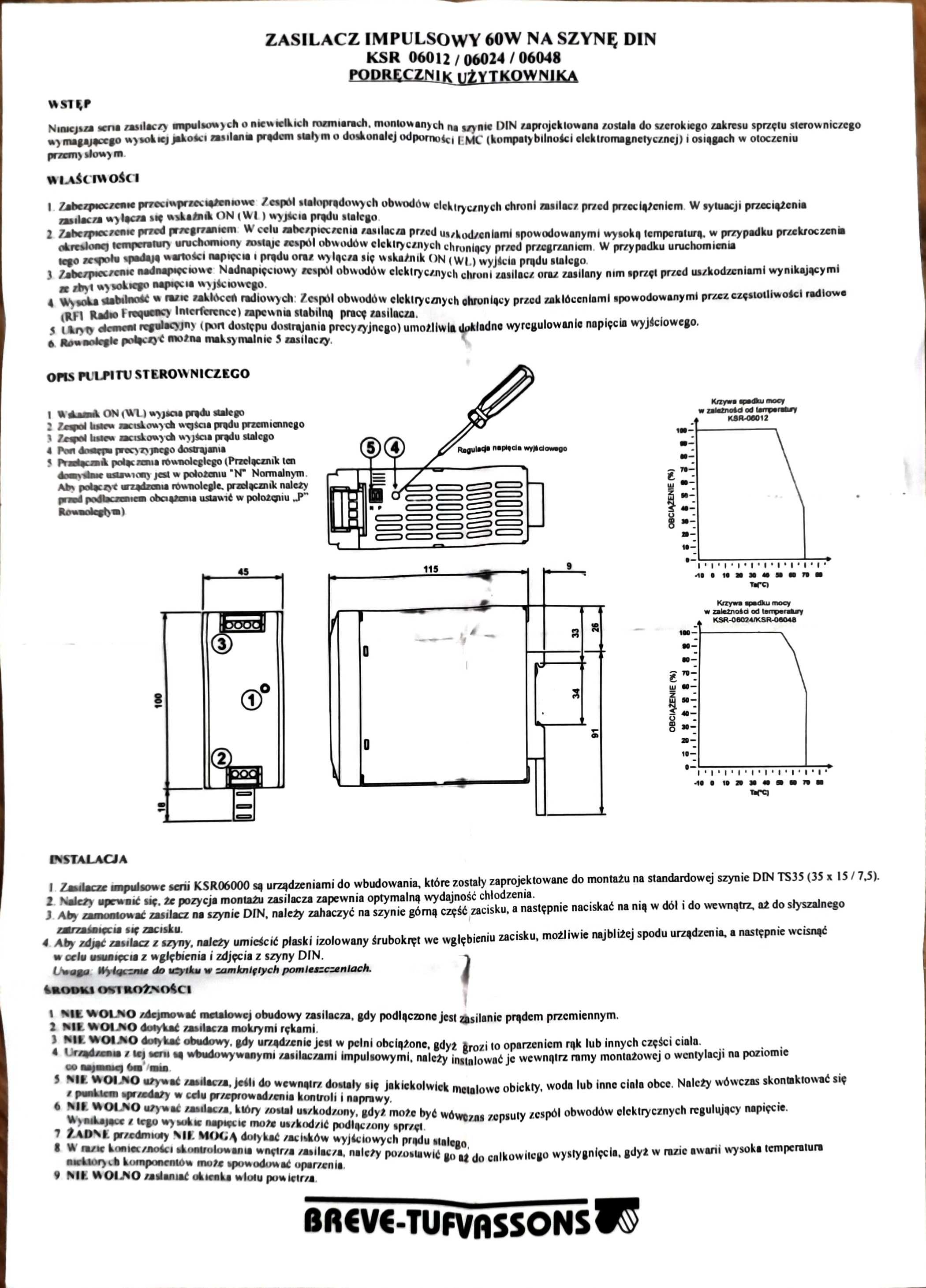 Zasilacz modułowy "Breve" KSR06024  230V/ 24VDC 2,5A 60W