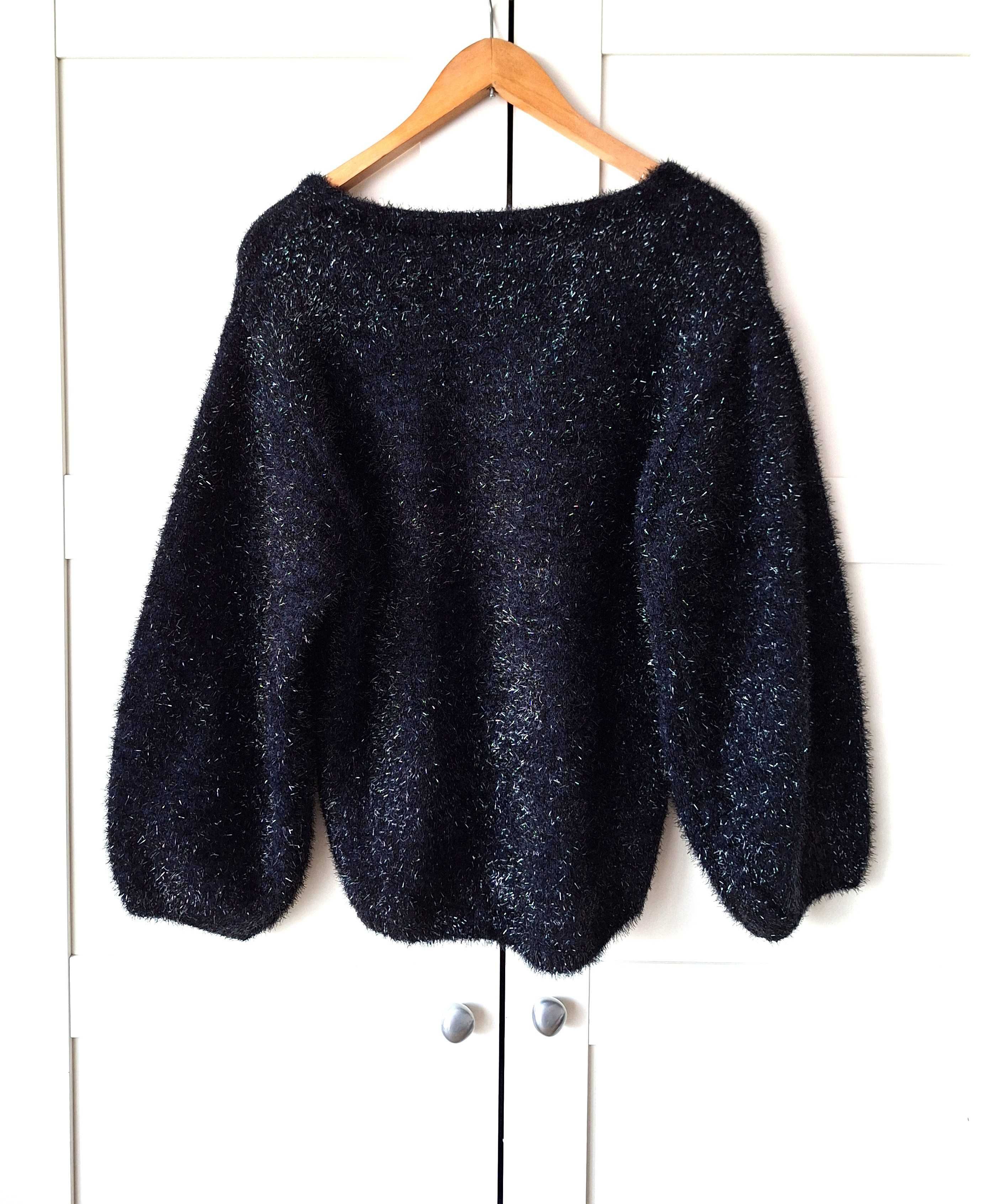 Granatowy Sweter z Nitką Metaliczną H&M Luźny Oversize
