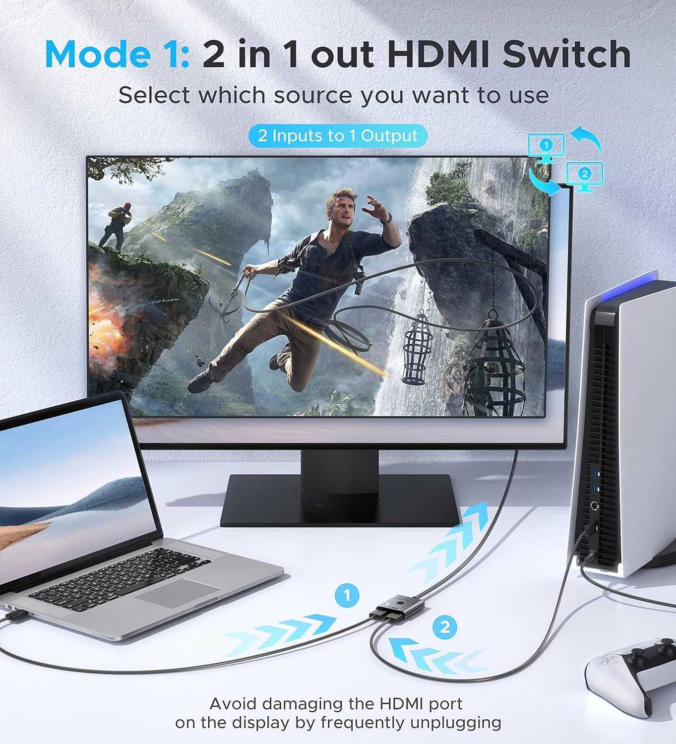 Przełącznik HDMI 2 w 1 wyjście 4K/60Hz, WARRKY