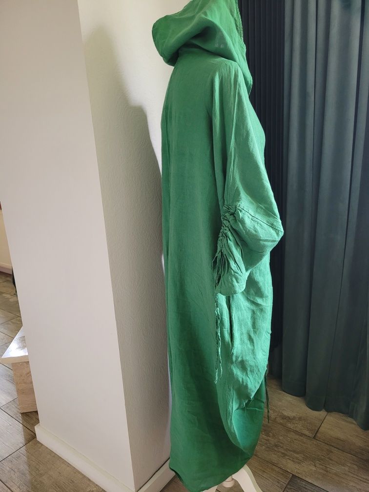 Sukienka zielona len oversize z kapturem, kieszeniami luźna