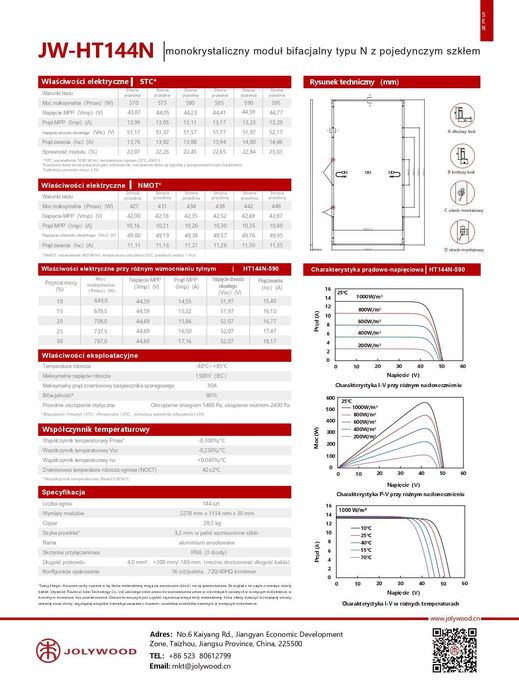 Panele Fotowoltaiczne JolyWood JW-HT144N-595W N Bifacial Srebrna Rama