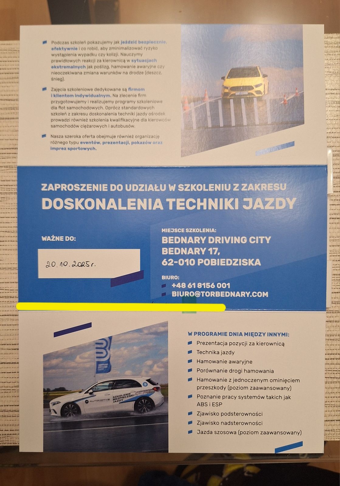 Voucher Szkolenie doszkalające techniki jazdy Bednary tor trening