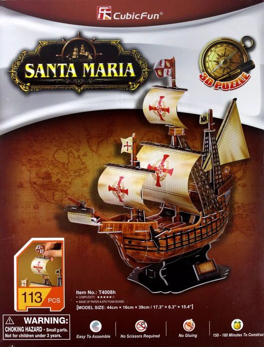 Puzzle 3D 113 elementów. Żaglowiec Santa Maria. Cubicfun
