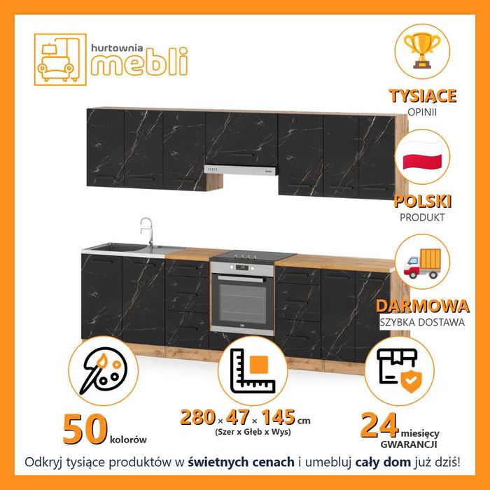 Nowoczesna Kuchnia Roma 2.8m Zestaw Z Blatem Modułowy Czarne Złoto