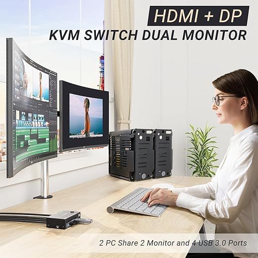 YOUTINGHDAV Przełącznik KVM USB 3.0 HDMI + DP dla 2 Monitorów 4K