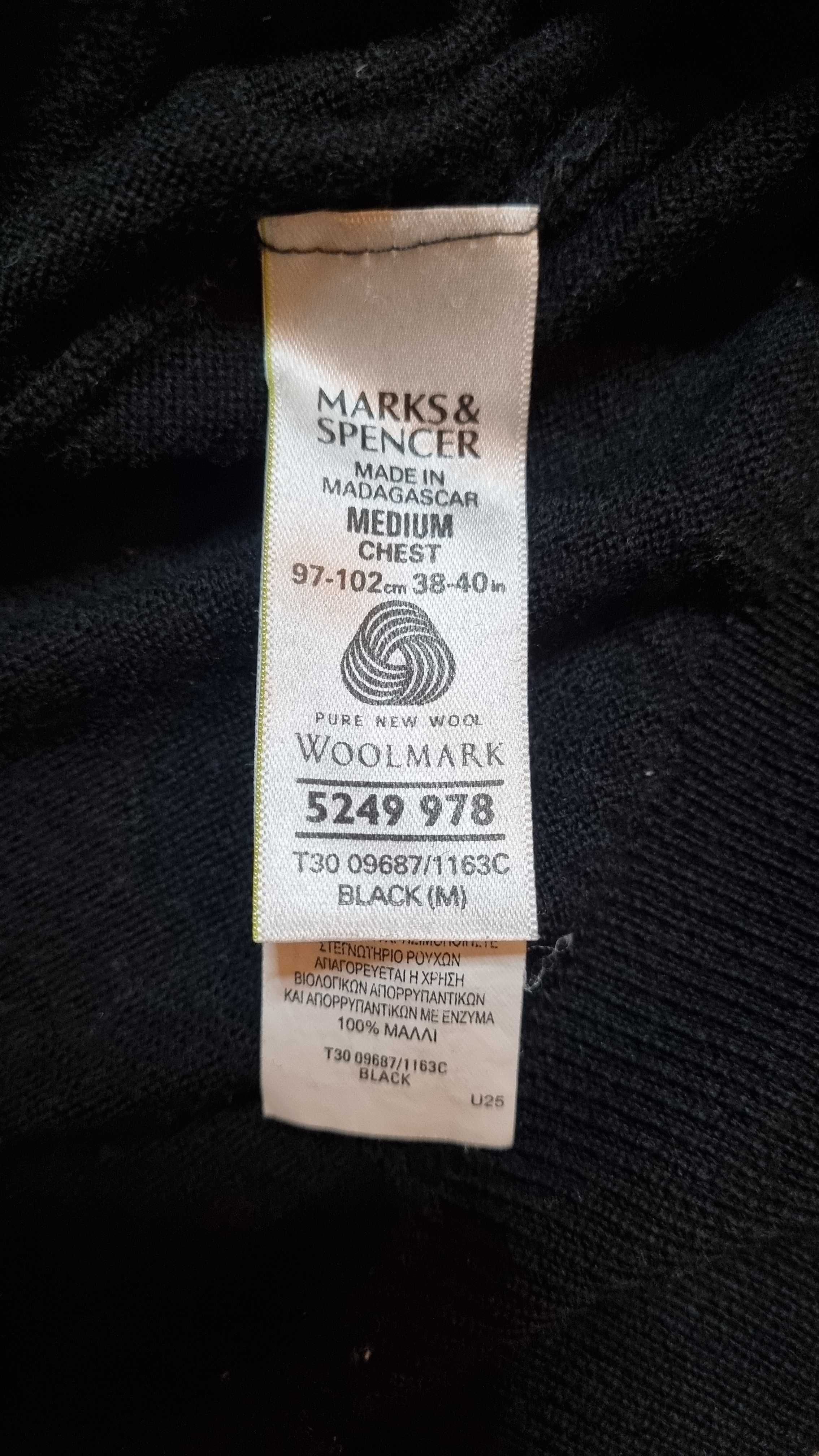 Sweter czarny okrągły dekolt Marks & Spencer 100% merino, rozm. M