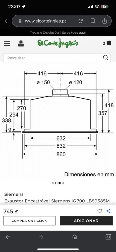 Exaustor de  Encastrar Siemens iQ700 LB89585M com 4 Velocidades e de 86 cm - Inox ( novo)