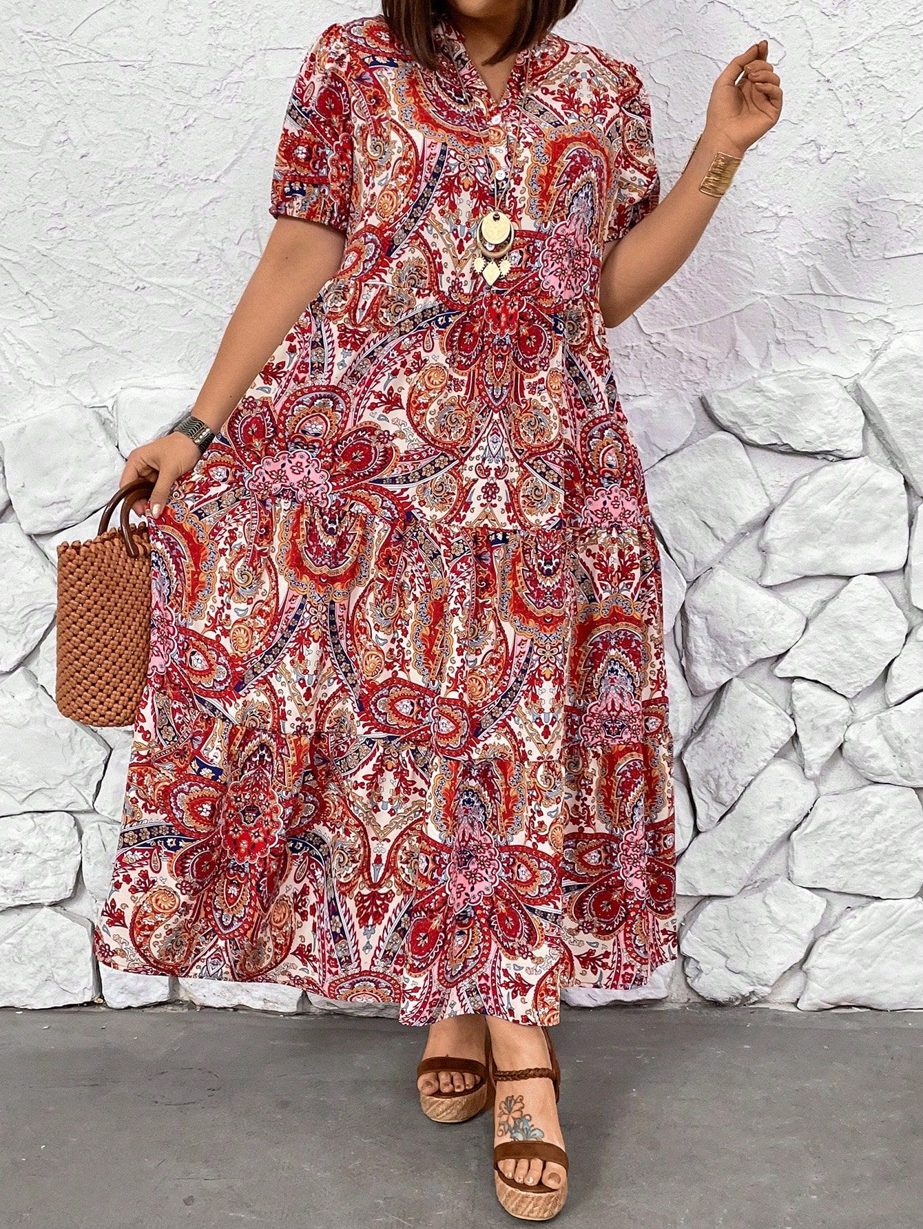 Sukienka Maxi Letnia Koszulowa Z Motywem Orientalnym Casual Shein Xxl