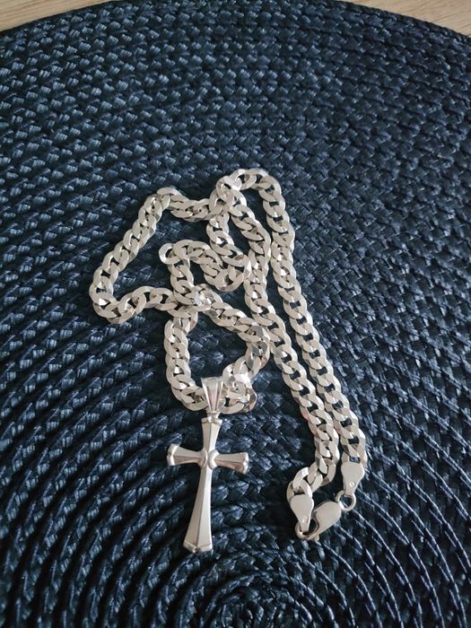 Srebrny Łańcuszek/stan idealny/925 Pancerka Pełna z Krzyżykiem Argmeta