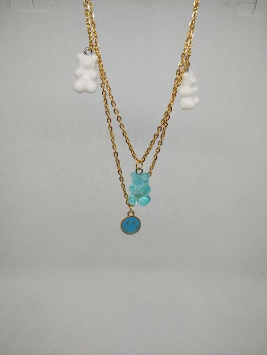 Łańcuszek z zawieszkami podwójny naszyjnik misie emotki błękit preppy