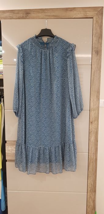 Sukienka Turkusowa w kwiatuszki drobne białe