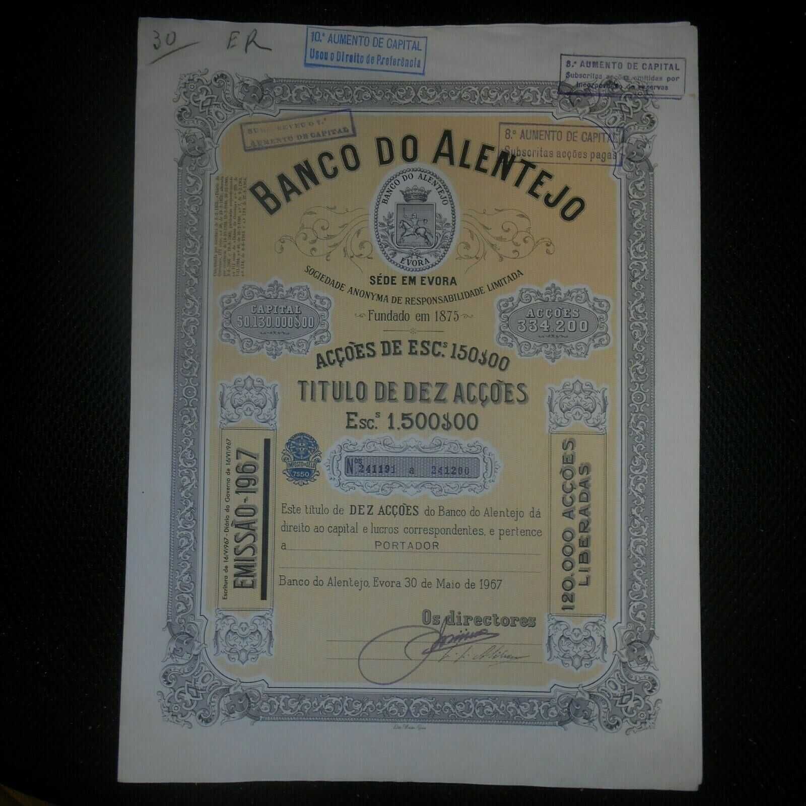 BANCO DO ALENTEJO, TÍTULO DE DEZ AÇÕES PORTUGAL 1967