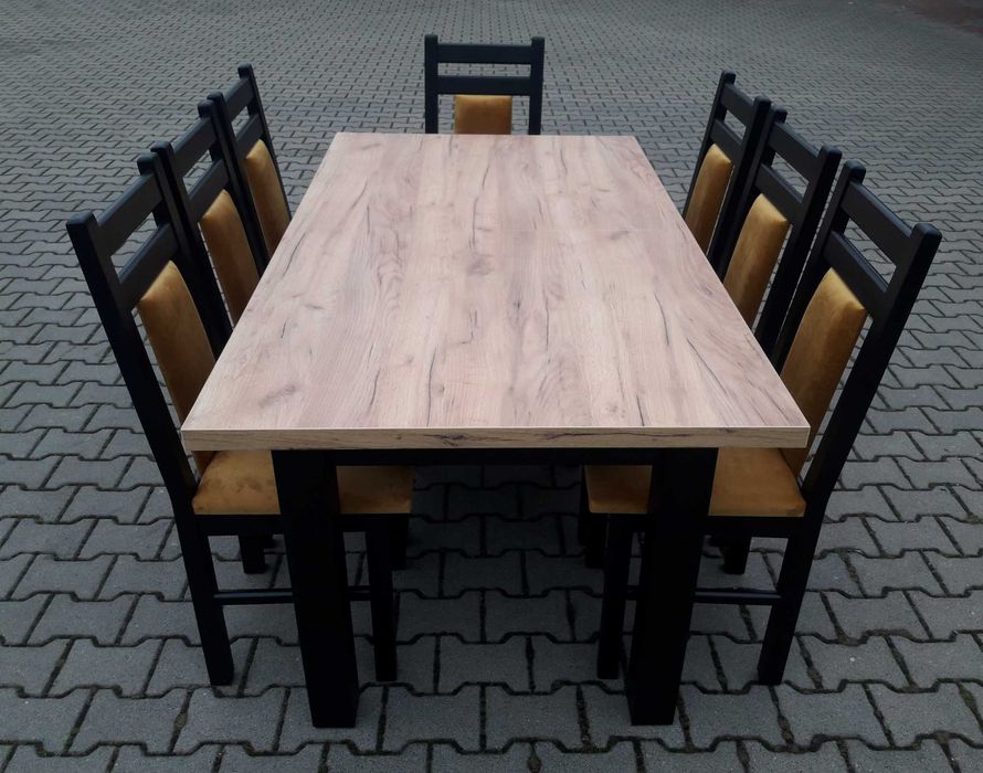 Stol 185/244x95 x76 i 8 krzesel czarny mat blat dab craft złoty lofl