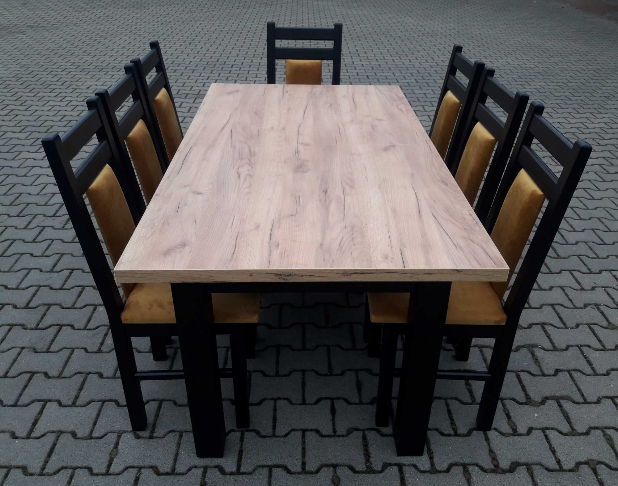 Stol 185/244x95 x76 i 8 krzesel czarny mat blat dab craft złoty lofl