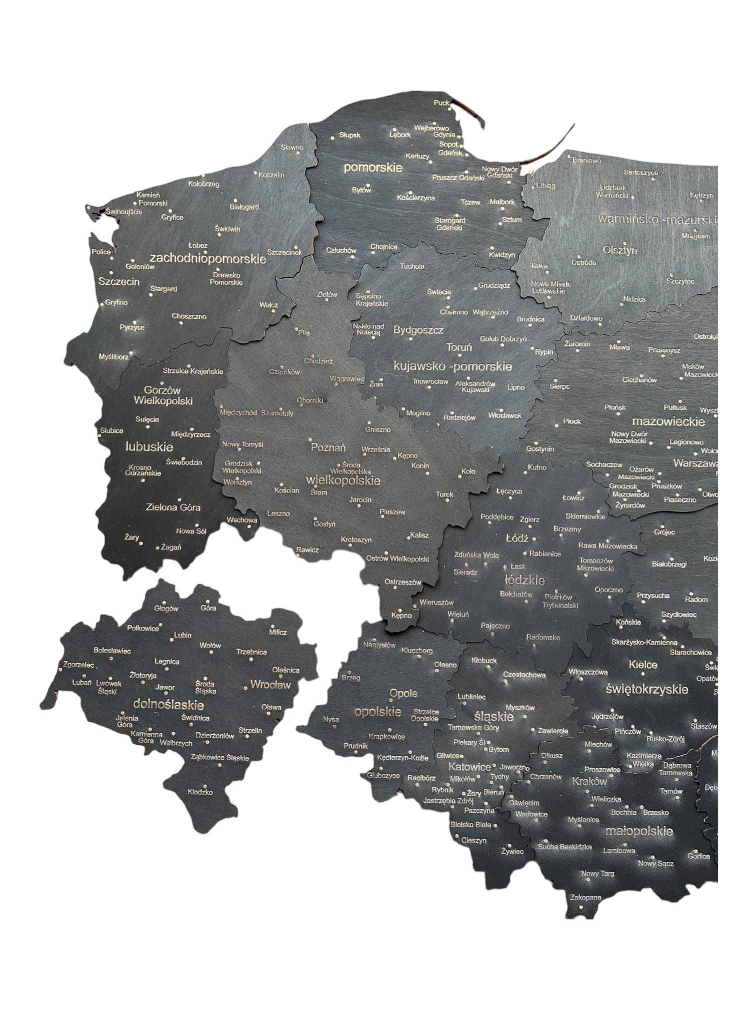 Drewniana nowa mapa Polski czarna, województwa 75 cm