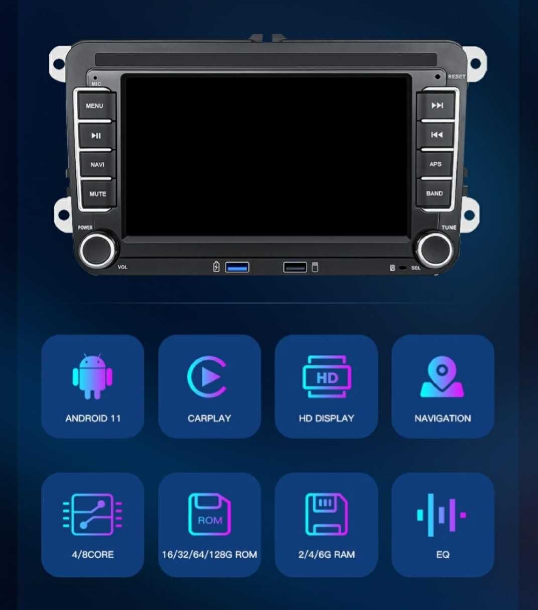 Rádio 2 DIN Android VW + 2 GB RAM + 32 GB ROM + carplay e Android Auto