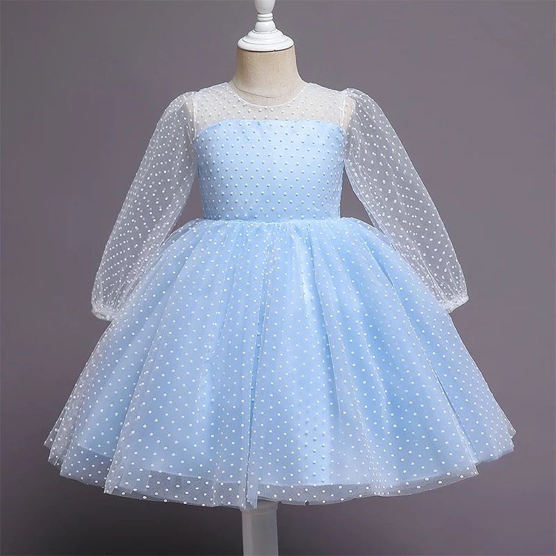 Sukienka tiulowa niebieska długi rękaw 128-134cm