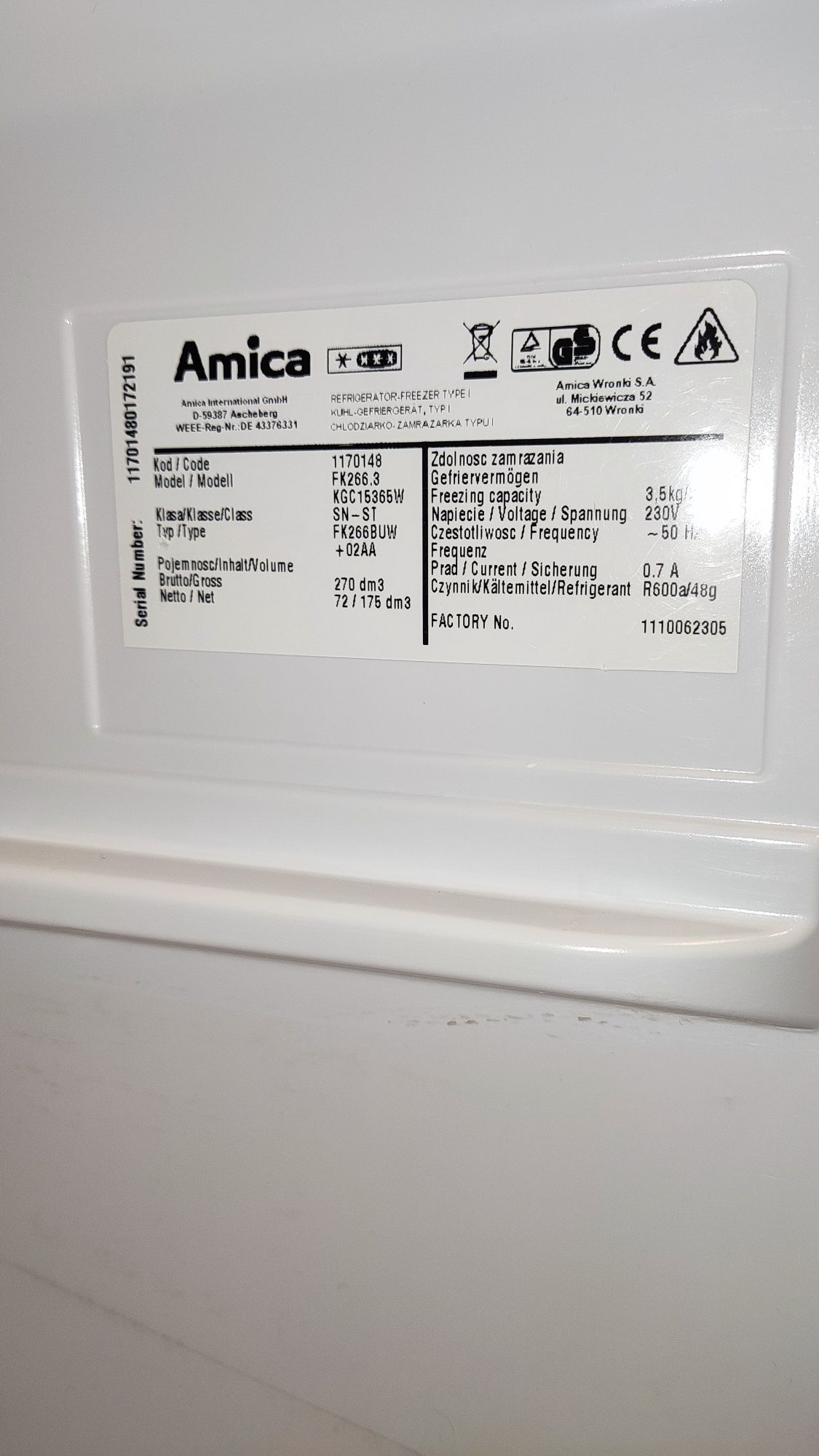 Sprzedam lodówkę Amica