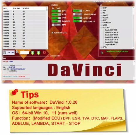 Software para Soluções DFP,EGR,FLAPS, DAVINCI 1.0.26