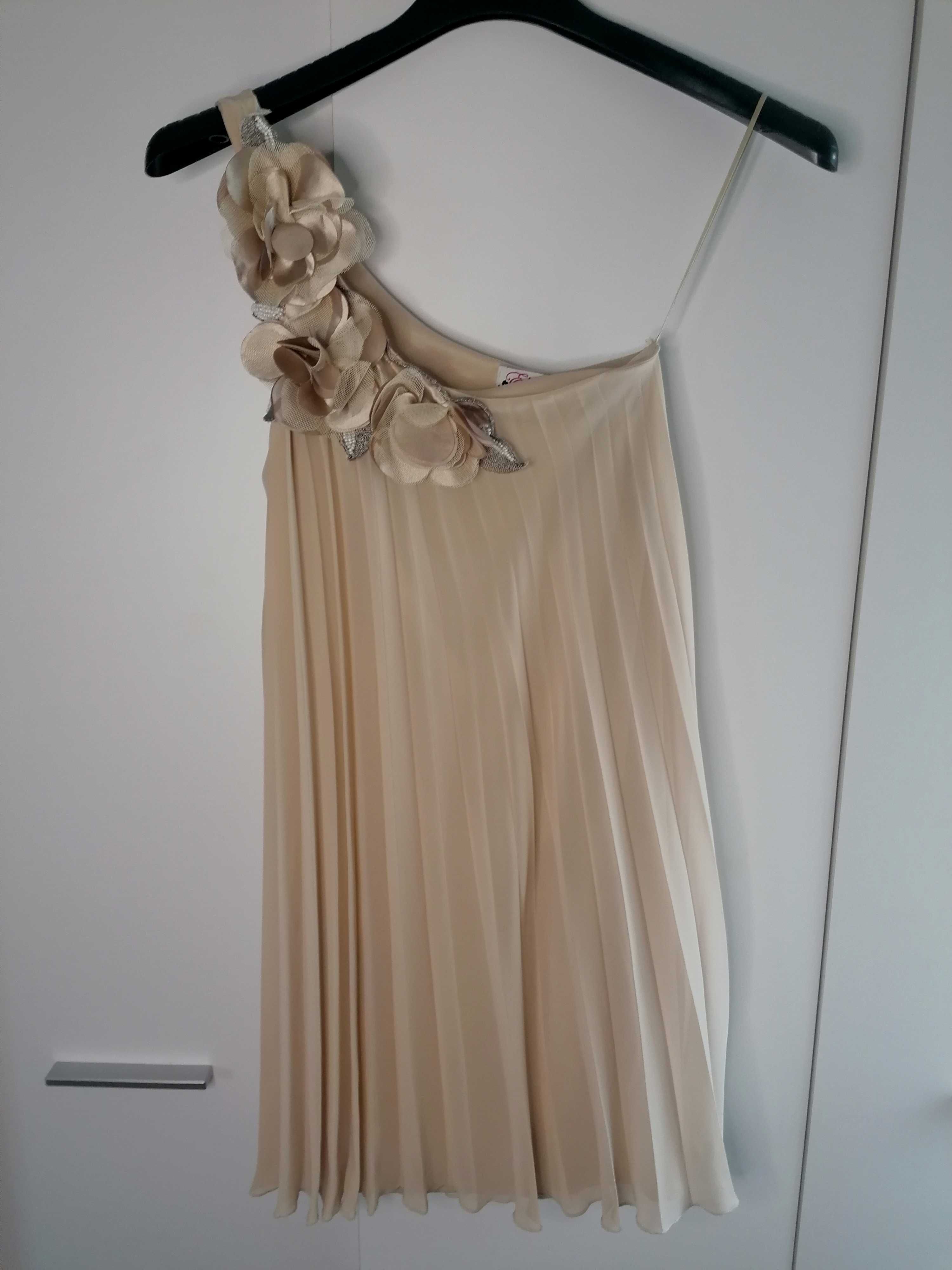 Beżowa, zwiewna, plisowana sukienka rozmiar S
