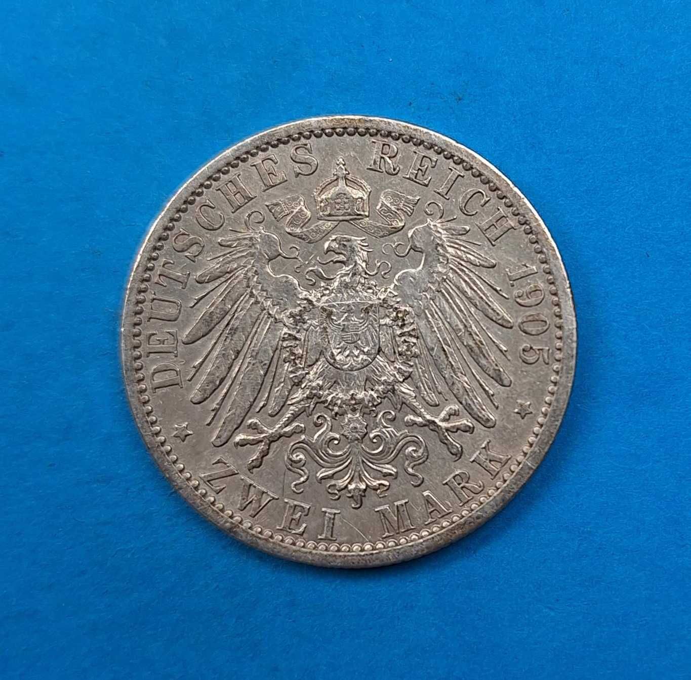 Niemcy Cesarstwo, Prusy 2 marki 1905, Wilhelm II, bdb stan, Ag 0,900