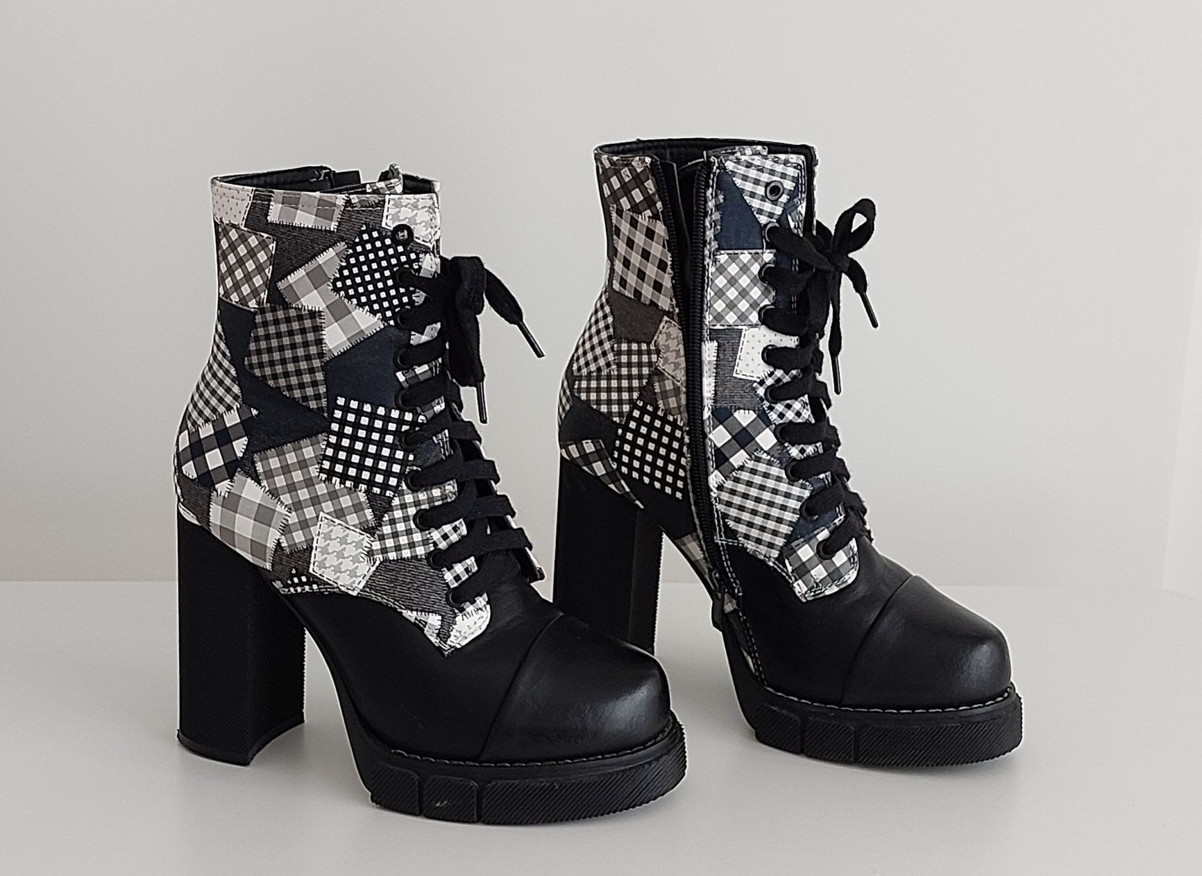 Botki na koturnie black&White vintage wedge shoes