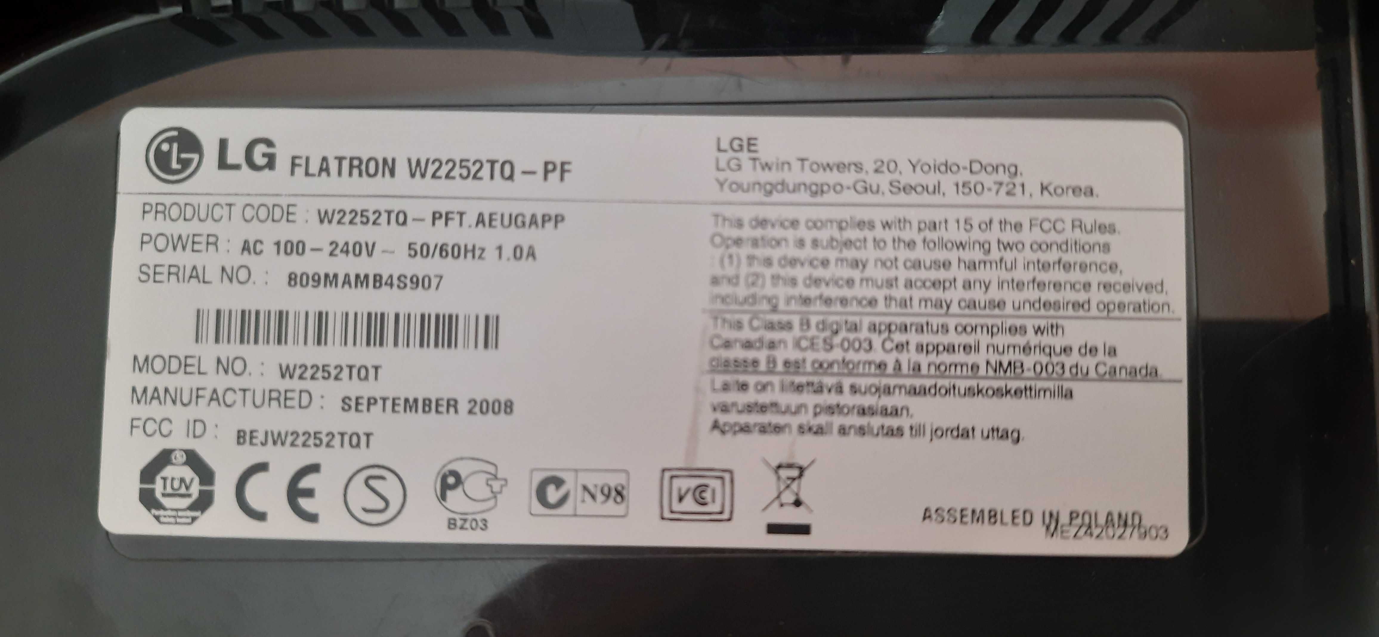 Монітор "22"  LG Flatron ( W2252TQ - PF )