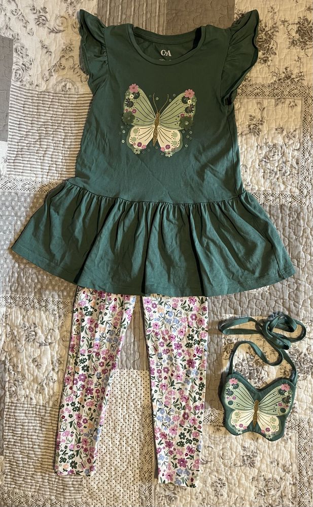 Motyl - komplet - sukienka, legginsy i torebka (r. 104)
