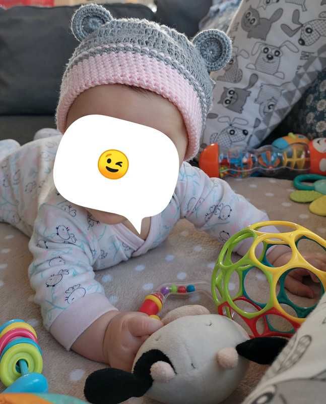 Hand made wełniana czapka szaro różowa z uszkami 6-18m.