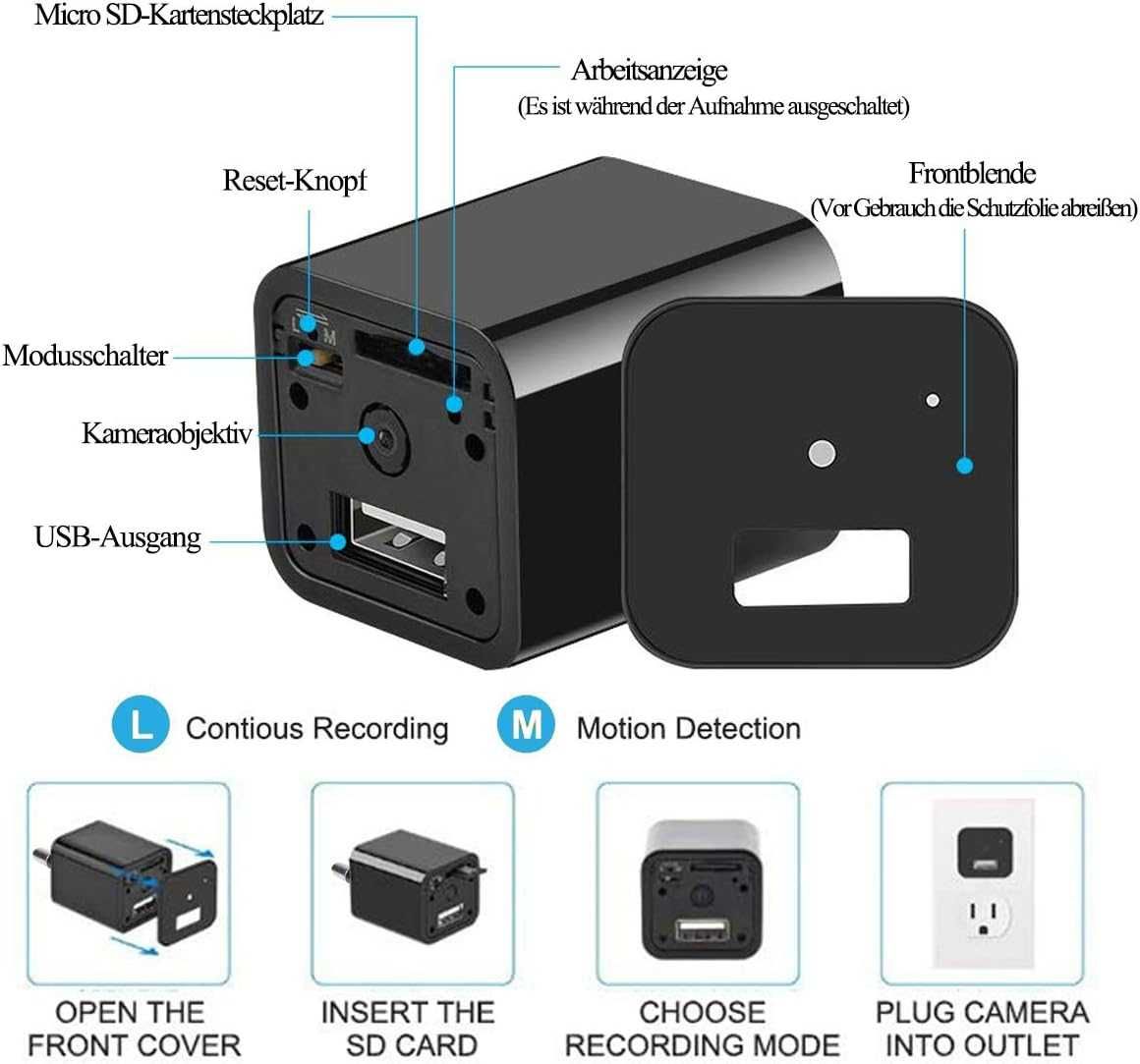 Jiyibidi 1080P mini kamera do monitoringu, niania, ładowarka USB